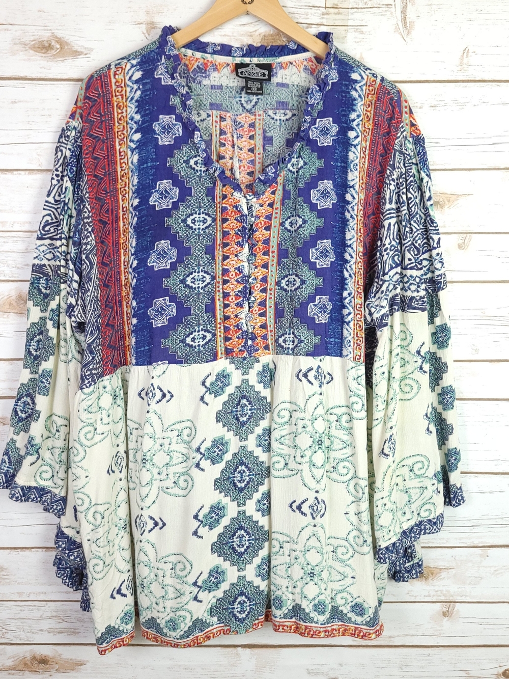 Angie Top 2X Multicolor Mixed Print Short Sleeve Pullover Bohemian